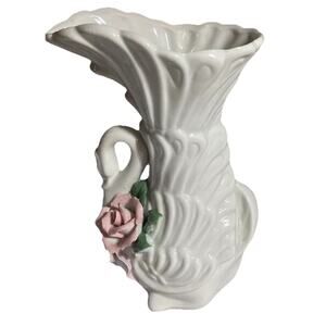 White Swan Ceramic Vase with Rose 7" Tall